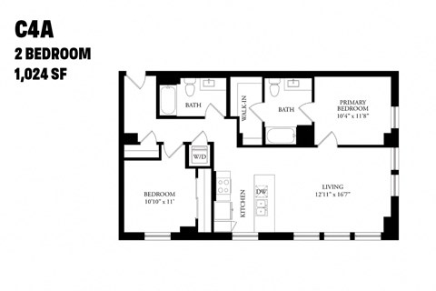 Floor plan for 2 beds, 2 baths, 1024 sqft